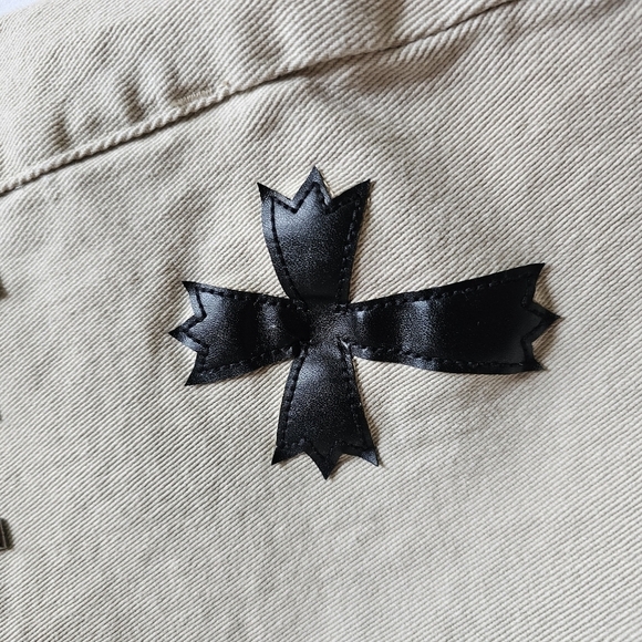 BRAND X beige distressed cross embellished skull print unique streetwear jeans - Picture 7 of 10